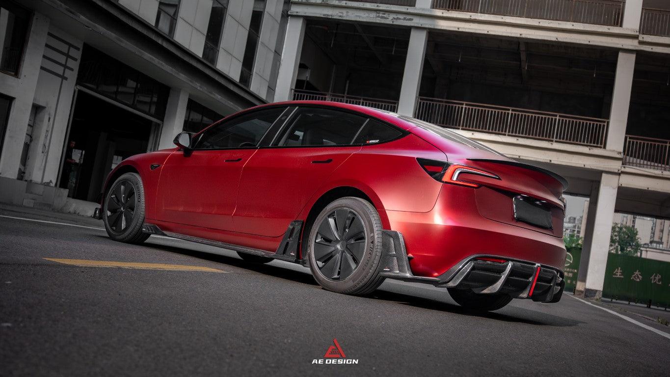 Tesla Model 3 Highland / Performance 2024-ON with Aftermarket Parts - AE Style Rear Diffuser & Canards Carbon Fiber from ArmorExtend